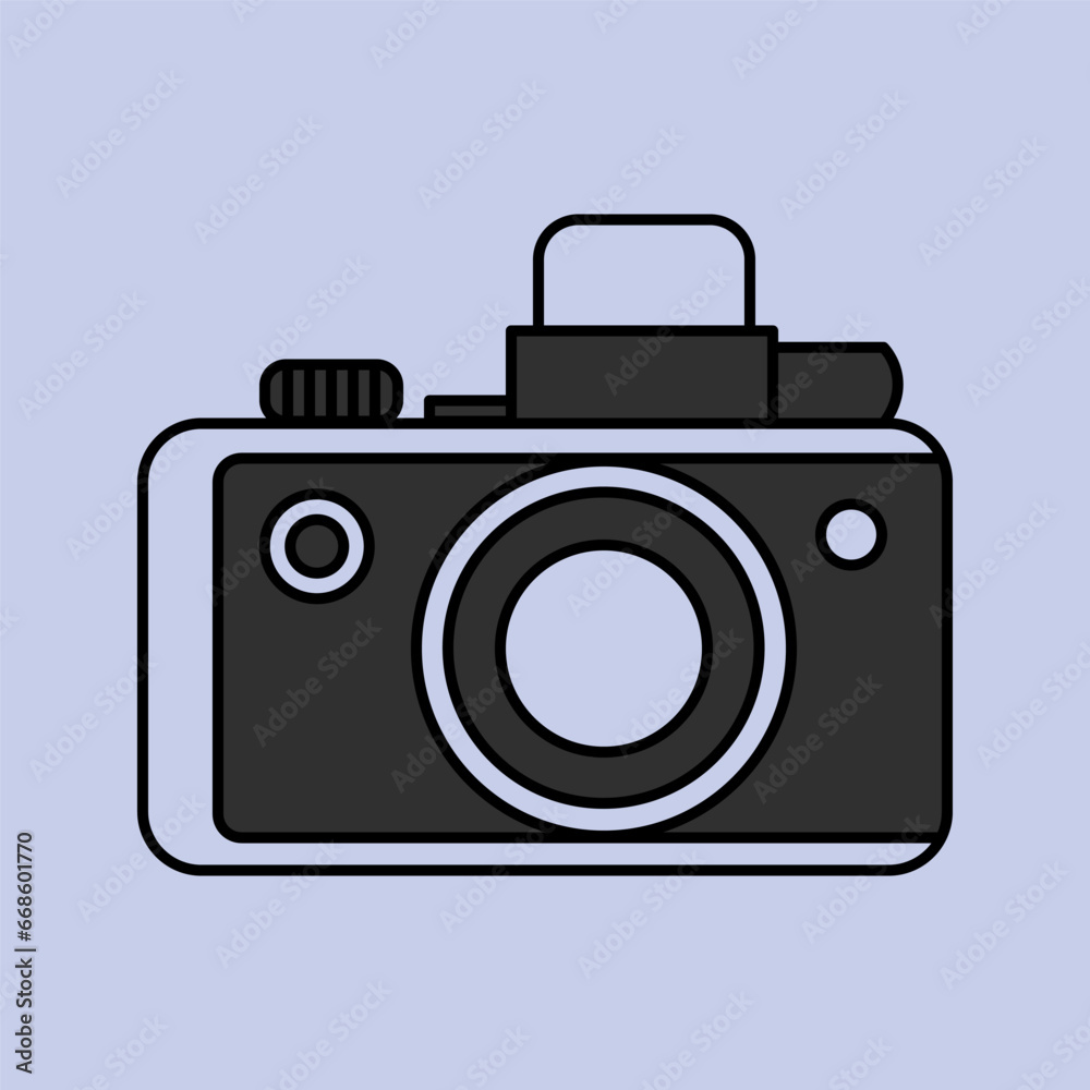 Fashion poster simple minimalistic retro camera in doodle style on a lilac background. Film photography, black carton illustration. Fashion poster simple minimalistic retro camera in doodle style on a lilac background. Film photography, black carton illustration.