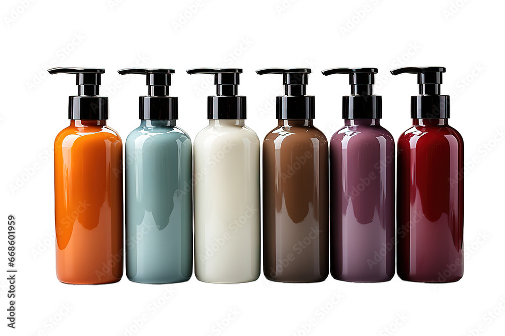 Set of blank pump bottles isolated PNG Background. Generative Ai. Set of blank pump bottles isolated PNG Background. Generative Ai.