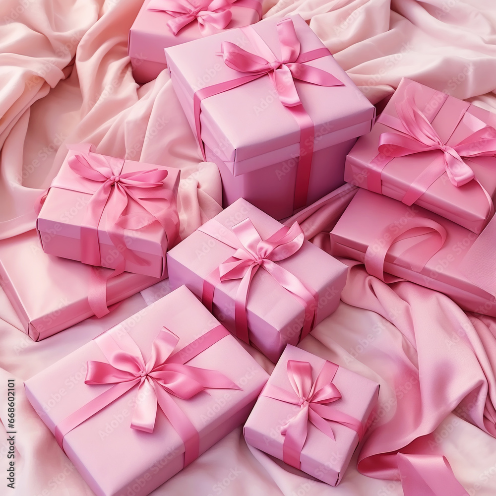 Elegant gift pink boxes with pink satin ribbon on silk background. Festive concept. Generative AI Elegant gift pink boxes with pink satin ribbon on silk background. Festive concept. Generative AI