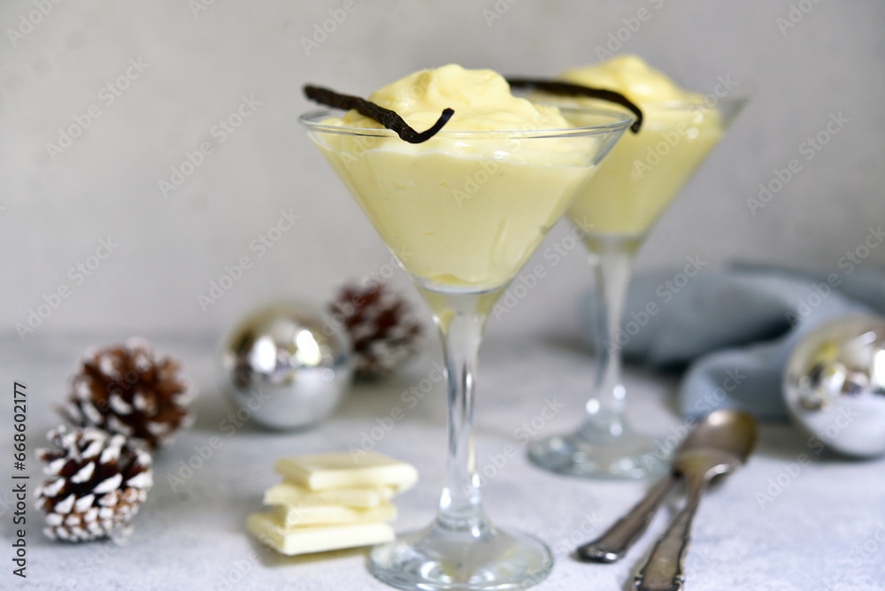 Festive delicious vanilla pudding with white chocolate. Festive delicious vanilla pudding with white chocolate.