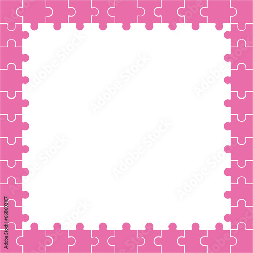Puzzle background, banner, blank. Background with pink puzzle frame separate pieces, mosaic, details, tiles or parts. © Ox_art
