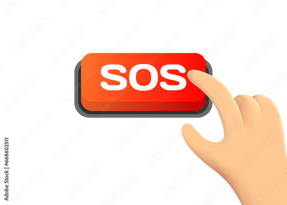 SOS button. Flat, color, hand on the button, SOS red button. Vector icon SOS button. Flat, color, hand on the button, SOS red button. Vector icon