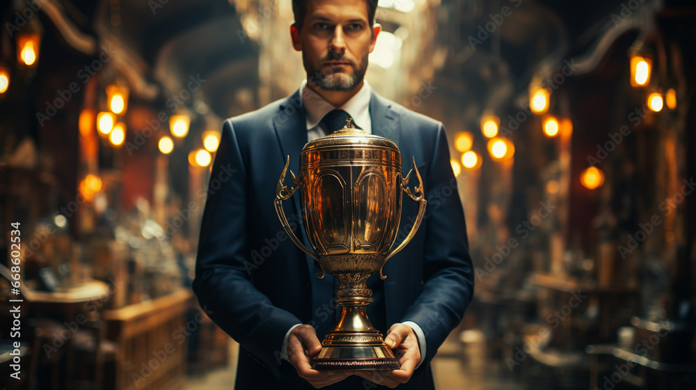 Businessman holds a trophy.