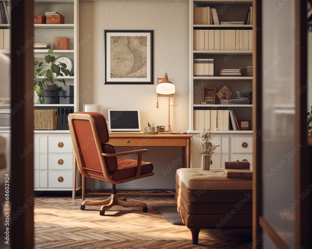 Scandinavian style home office interior. Leather desk chair, lamp, drawers.