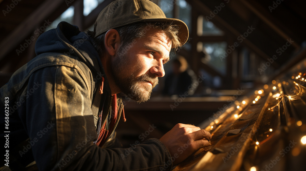Carpenter works on a wooden table. Carpenter works on a wooden table.