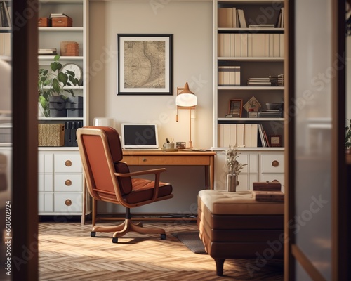 Scandinavian style home office interior. Leather desk chair, lamp, drawers.