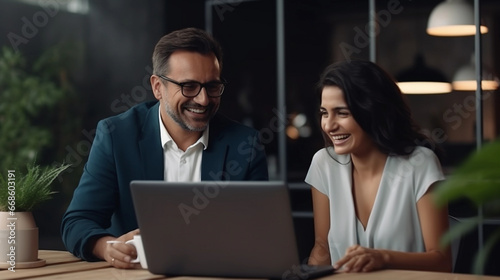 Two professional executives discussing financial accounting papers working with paperwork in office. Mature business woman and man managers holding legal corporate documents at meeting photo