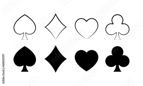 Playing cards icons. Clubs, diamonds, hearts, spades playing card icons, card suits. Vector icons
