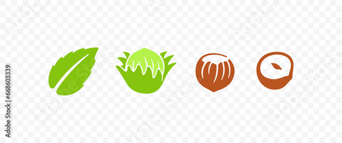 Set hazelnut, filbert, cobnut, nut, leaves and plant, graphic design. Nutty, food, meal, nature, fruit, kernel, eating and eat, vector design and illustration