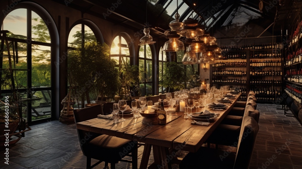 Naklejka premium A private outdoor wine tasting room with sommelier-led sessions and rare vintages.