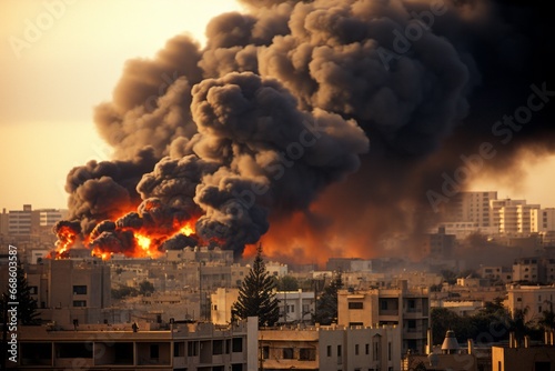 Devastating Consequences of the Israel-Palestine Conflict: Destroyed Buildings Engulfed in Flames photo