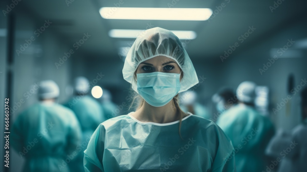 Surgeon in full protective medical gear, standing in the hospital portrait. Female doctor in a mask and scrubs preparing for an operation in the operational room. Doctors working during the pandemic. Surgeon in full protective medical gear, standing in the hospital portrait. Female doctor in a mask and scrubs preparing for an operation in the operational room. Doctors working during the pandemic.