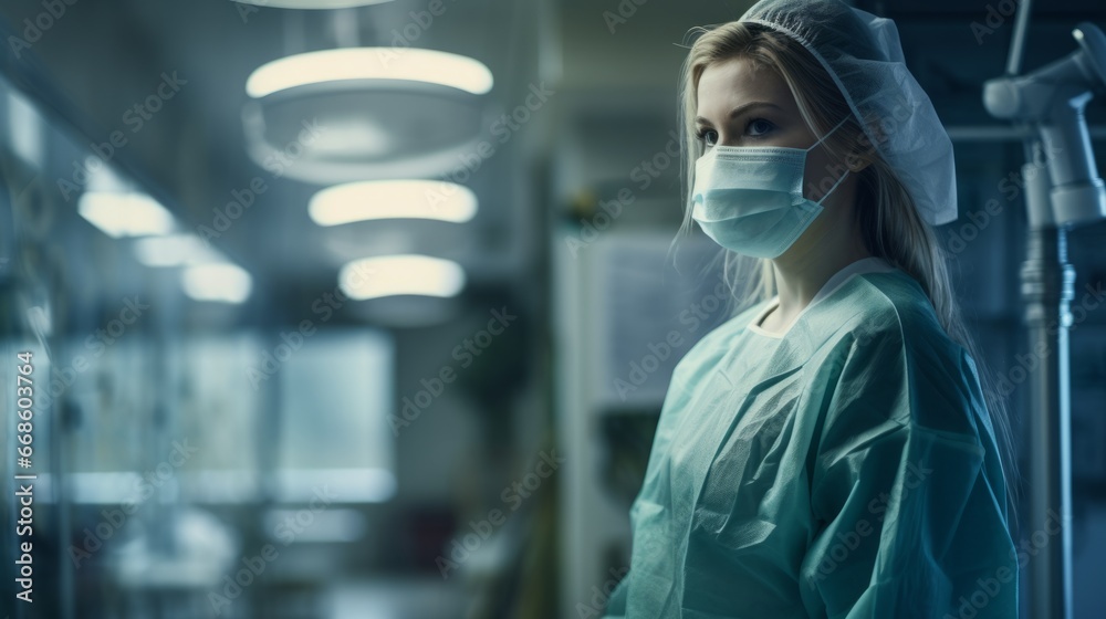 Surgeon in full protective medical gear, standing in the hospital portrait. Female doctor in a mask and scrubs preparing for an operation in the operational room. Doctors working during the pandemic.