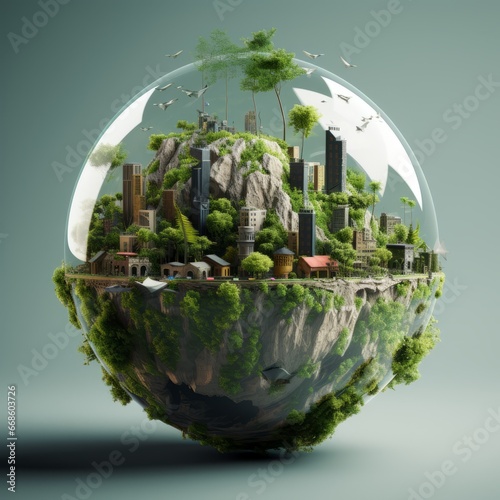 Miniature green spherical city. Eco-city in a circular glass with green plants. Ecology and environment concept. Small town locked in a self-sustained environment. Biosphere city 3d render. © Valua Vitaly