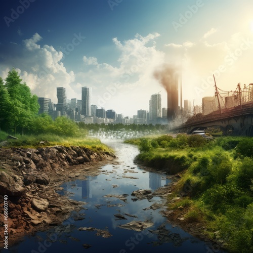Bad vs good environment. Good and poor ecology comparison. Humanity against nature. Pollution against nature. Contrast between wildlife and cities. Global warming and environment concept.