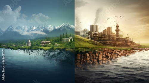 Bad vs good environment. Good and poor ecology comparison. Humanity against nature. Pollution against nature. Contrast between wildlife and cities. Global warming and environment concept. photo