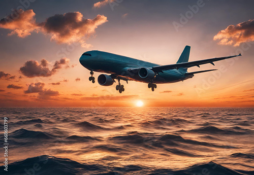 A mesmerizing image of an airplane soaring over the sea during a golden sunset. 