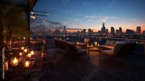 A rooftop bar with a panoramic view, mood lighting, and trendy furnishings.