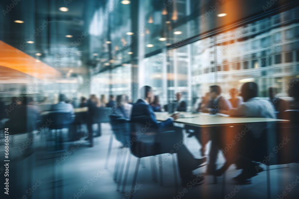 Blurry office scene with business people sitting at tables