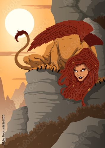 The majestic Sphinx with large red wings, lion-like body, and long tail perches on cliff against setting sun backdrop. NOT AI generated.
