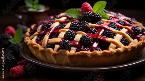A freshly baked lattice-topped blackberry pie close. Generative AI.
