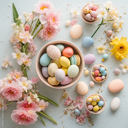 Happy easter! Colourful of Easter eggs in with flower on pastel background. Greetings and presents for Easter Day celebrate time. Flat lay ,top view. © Yulia