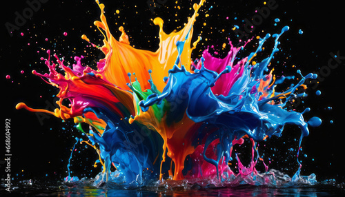 Colorful Paint splashes into water on a dark background with vibrant colors