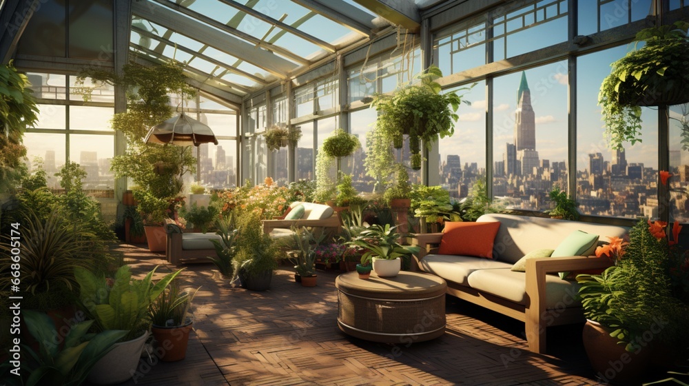 Naklejka premium A rooftop garden with a glass-enclosed conservatory and exotic plant species.
