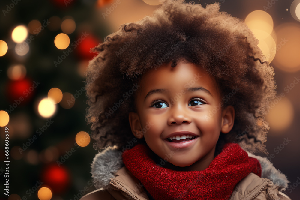 a little african girl with a christmas tree in the background a little african girl with a christmas tree in the background