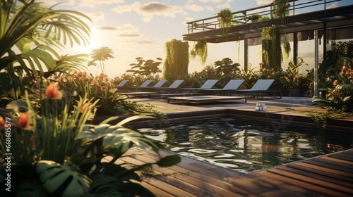 A rooftop garden with a reflecting pool and a variety of exotic plant species.