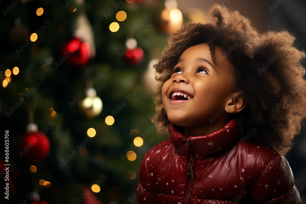 a little african girl with a christmas tree in the background a little african girl with a christmas tree in the background