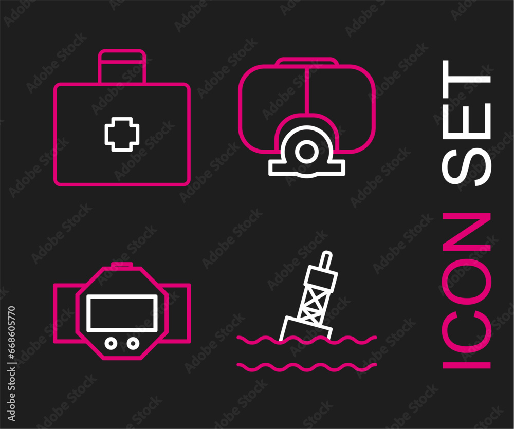 Set line Floating buoy on the sea, Diving watch, mask and First aid kit icon. Vector Set line Floating buoy on the sea, Diving watch, mask and First aid kit icon. Vector