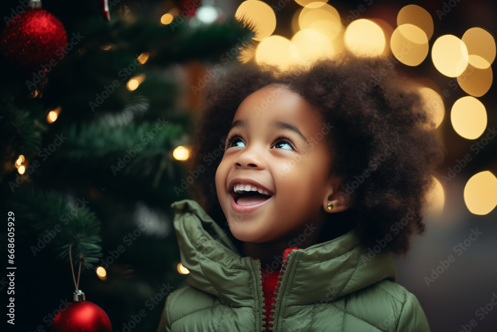 a little african girl with a christmas tree in the background a little african girl with a christmas tree in the background