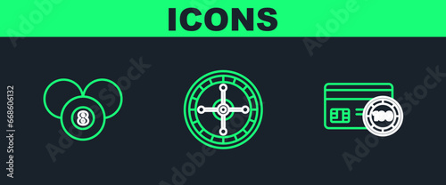Set line Credit card, Billiard pool snooker 8 ball and Casino roulette wheel icon. Vector