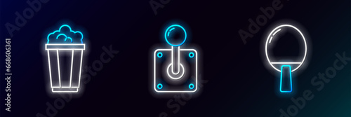 Set line Racket for playing table tennis, Popcorn cardboard box and Joystick arcade machine icon. Glowing neon. Vector