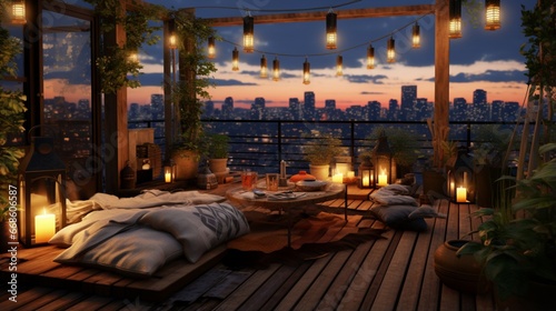 A rooftop garden with hanging lanterns  cozy nooks  and panoramic views.