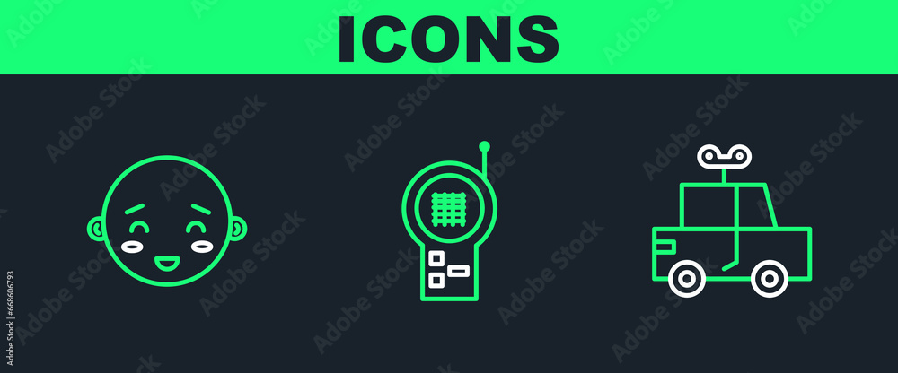Set line Toy car, Happy little boy head and Baby Monitor Walkie Talkie icon. Vector Set line Toy car, Happy little boy head and Baby Monitor Walkie Talkie icon. Vector