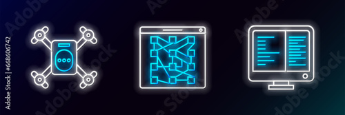 Set line Computer monitor screen, Drone flying with action camera and Global technology social network icon. Glowing neon. Vector