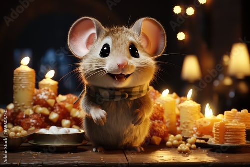 Happy new year greeting card with cute mouse and cheese in Christmas decoration. Animal wildlife holidays cartoon character. © Irina Mikhailichenko