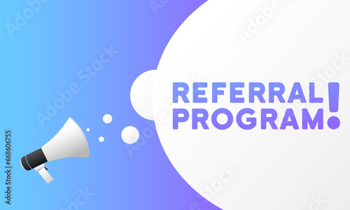 Referral program sign. Flat, purple, megaphone text, referral program. Vector icon