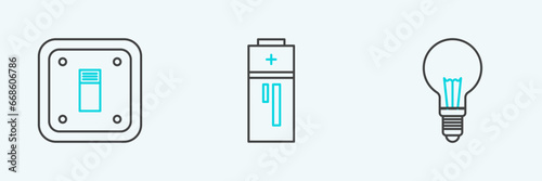 Set line Light bulb with concept of idea, Electric light switch and Battery icon. Vector