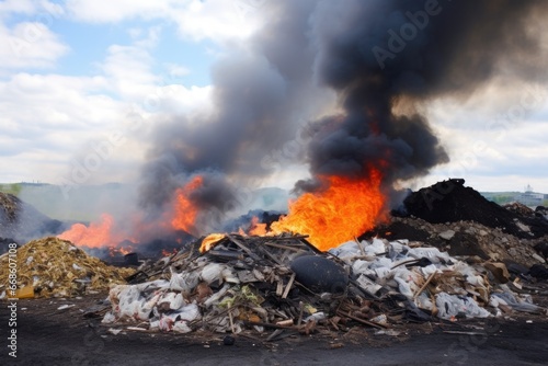 fumes rising from a heap of waste in a landfill