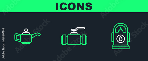 Set line Petrol or Gas station, Canister for motor machine oil and Industry metallic pipes and valve icon. Vector