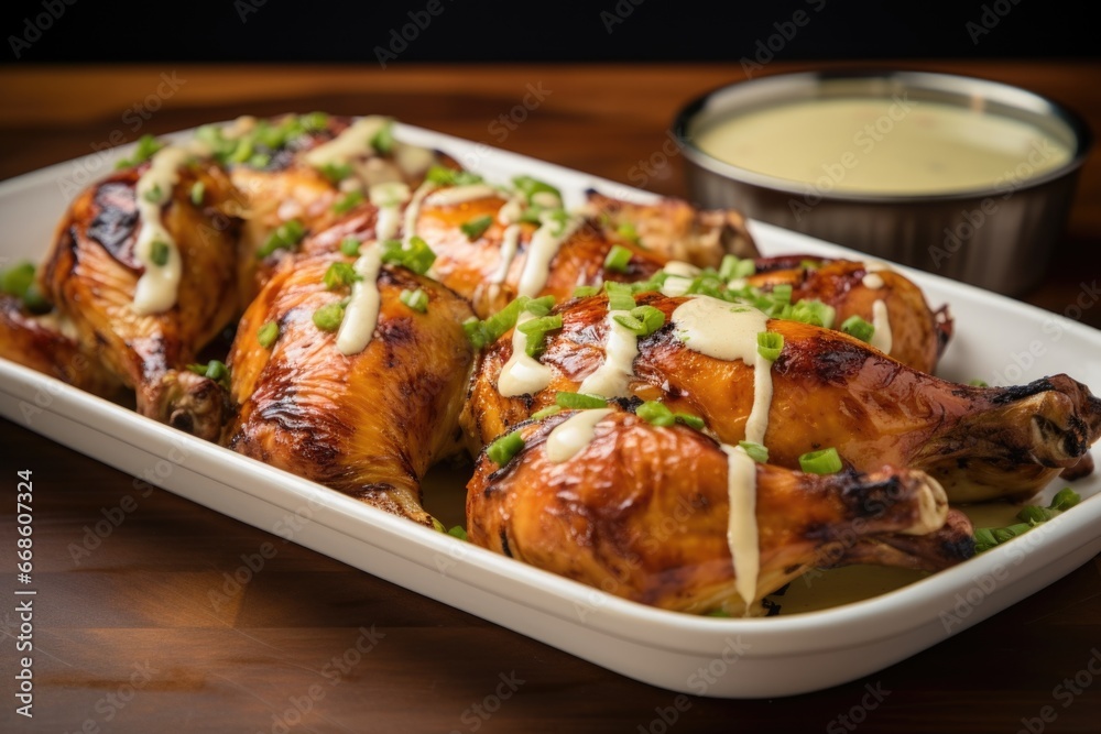 alabama chicken in a serving plate with white bbq sauce drizzle alabama chicken in a serving plate with white bbq sauce drizzle