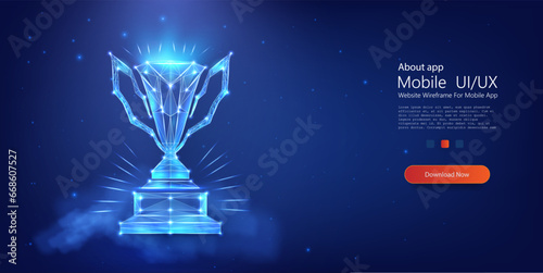 Winners cup. Luminous Polygonal Trophy on Starry Night Background: Symbolizing Achievement and Success. Polygonal wireframe composition