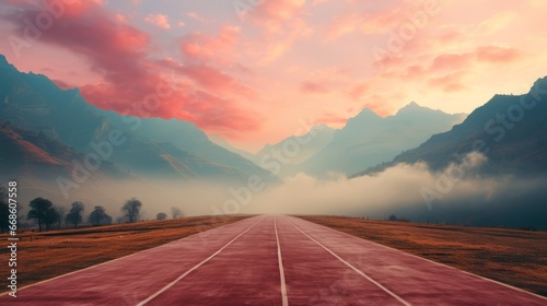 An empty running track with morning. Generative AI.