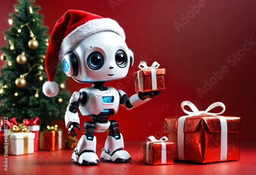 Robot is holding christmas present. Generative AI photo