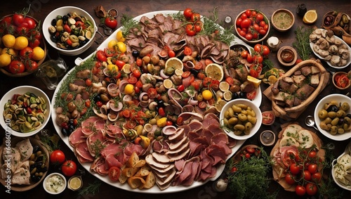 Family, friends holiday gathering, a mouthwatering Mediterranean feast, food products representing the nutritition diet