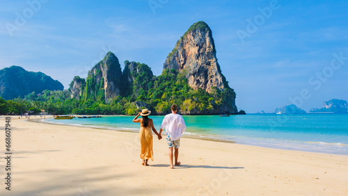 A couple of men and women at Railay Beach Krabi Thailand, the tropical beach of Railay Krabi