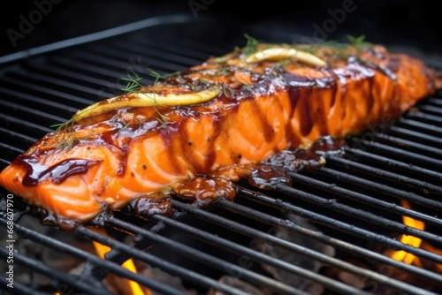 smoky salmon with shiny apple cider bbq glaze on grill